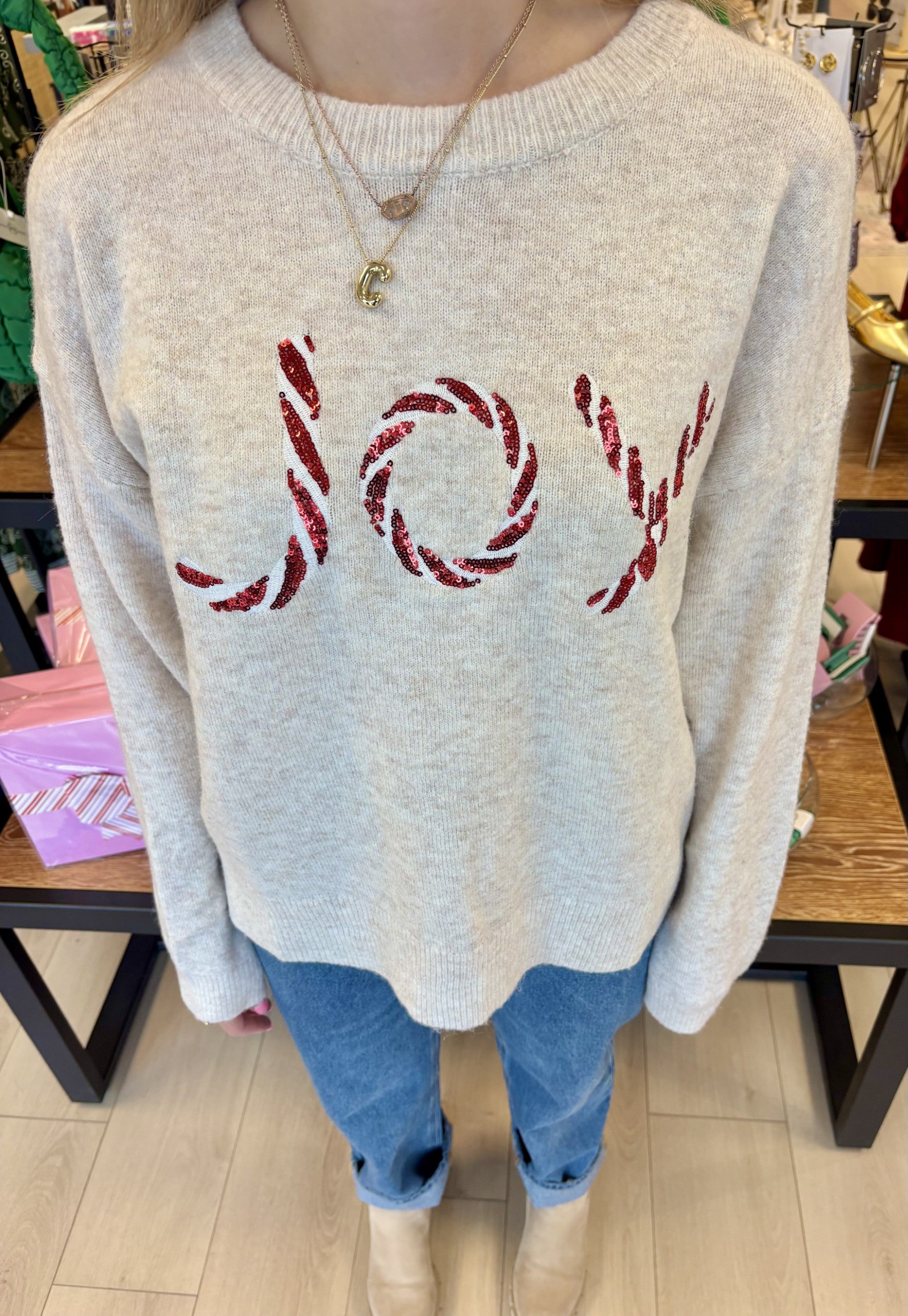'JOY' CANDY CANE SWEATER