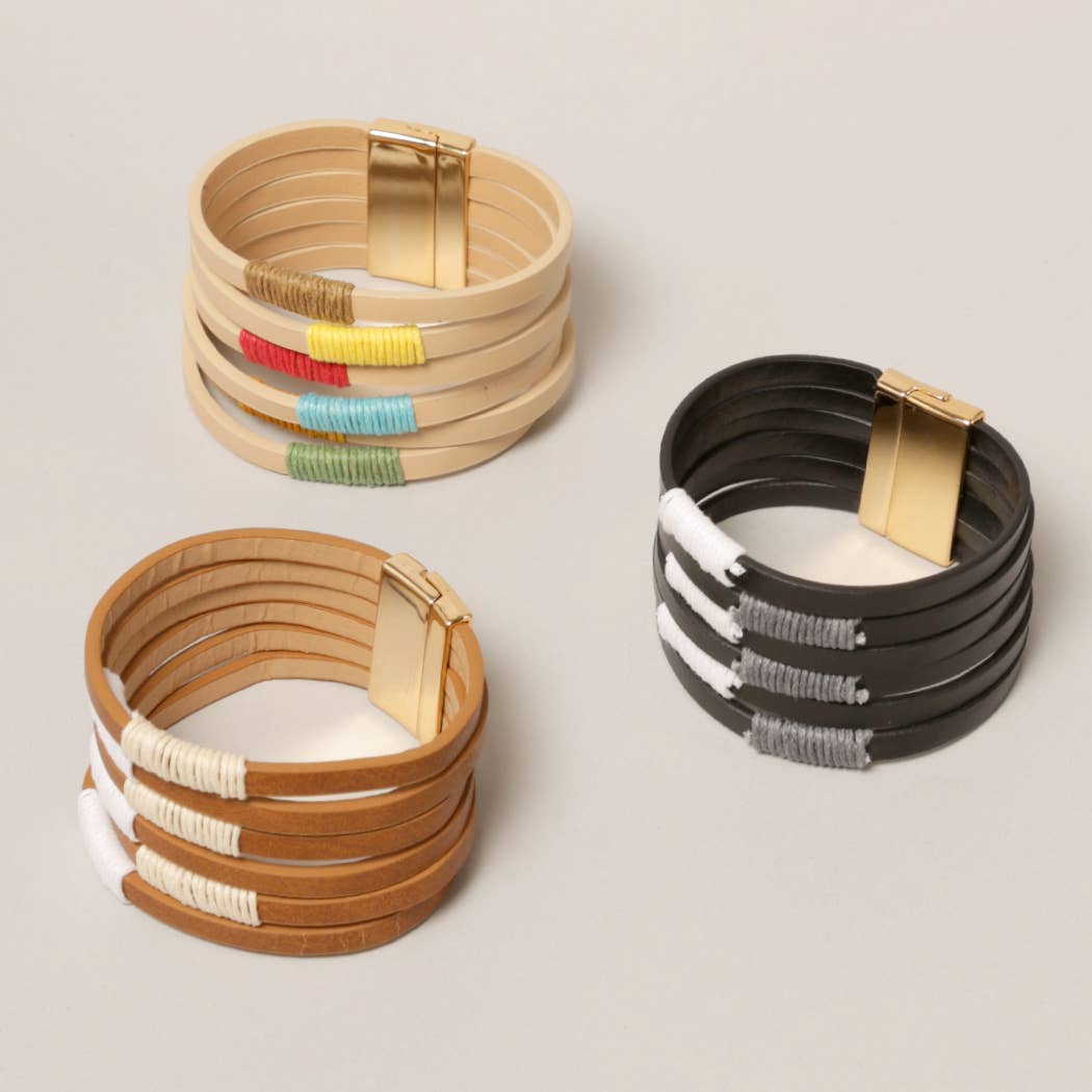 Multi Strand Leather Bracelet with Magnetic Clasp