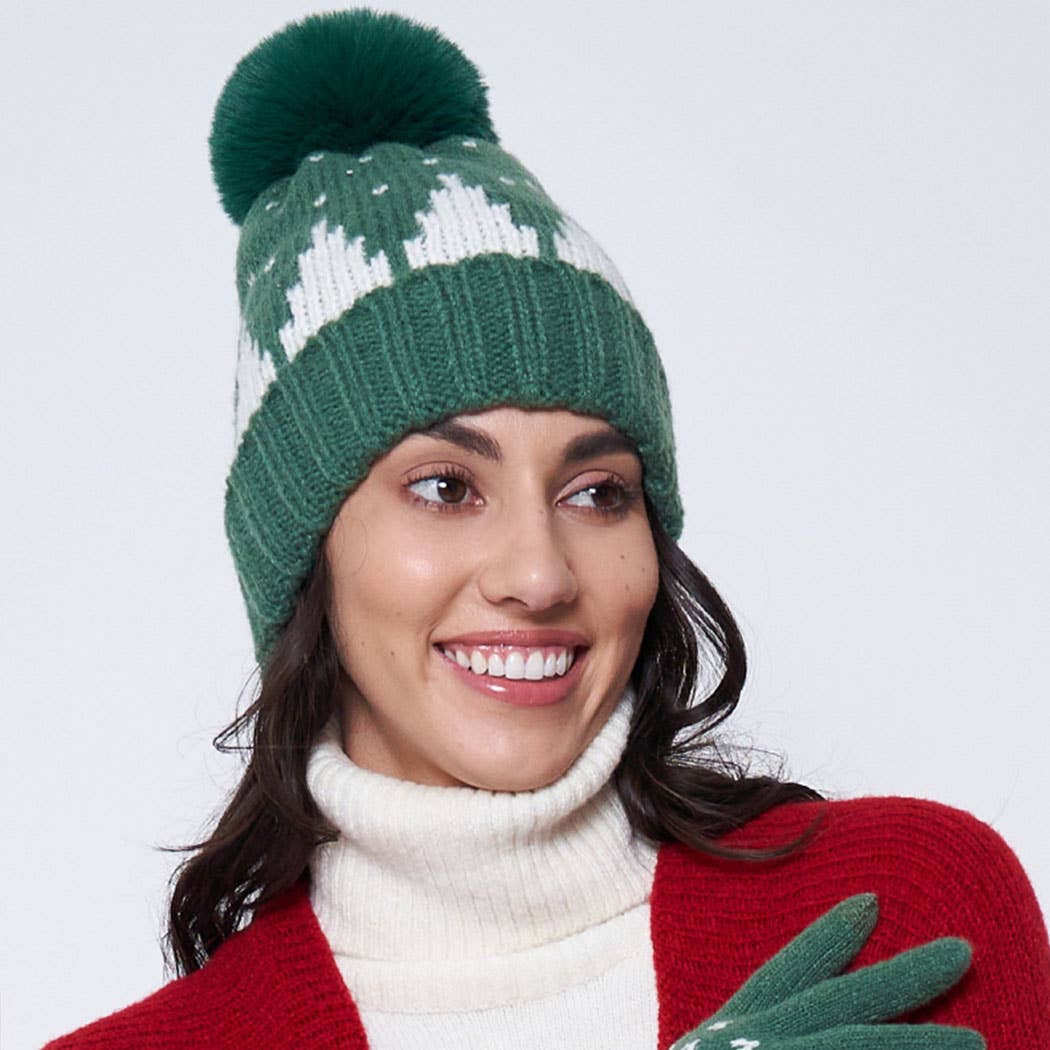 Two-Tone Holiday Cuff Beanie with Pom