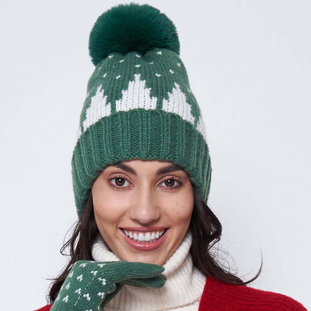Two-Tone Holiday Cuff Beanie with Pom