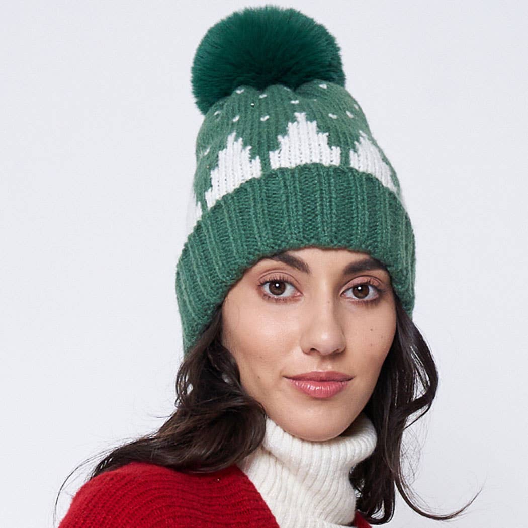 Two-Tone Holiday Cuff Beanie with Pom