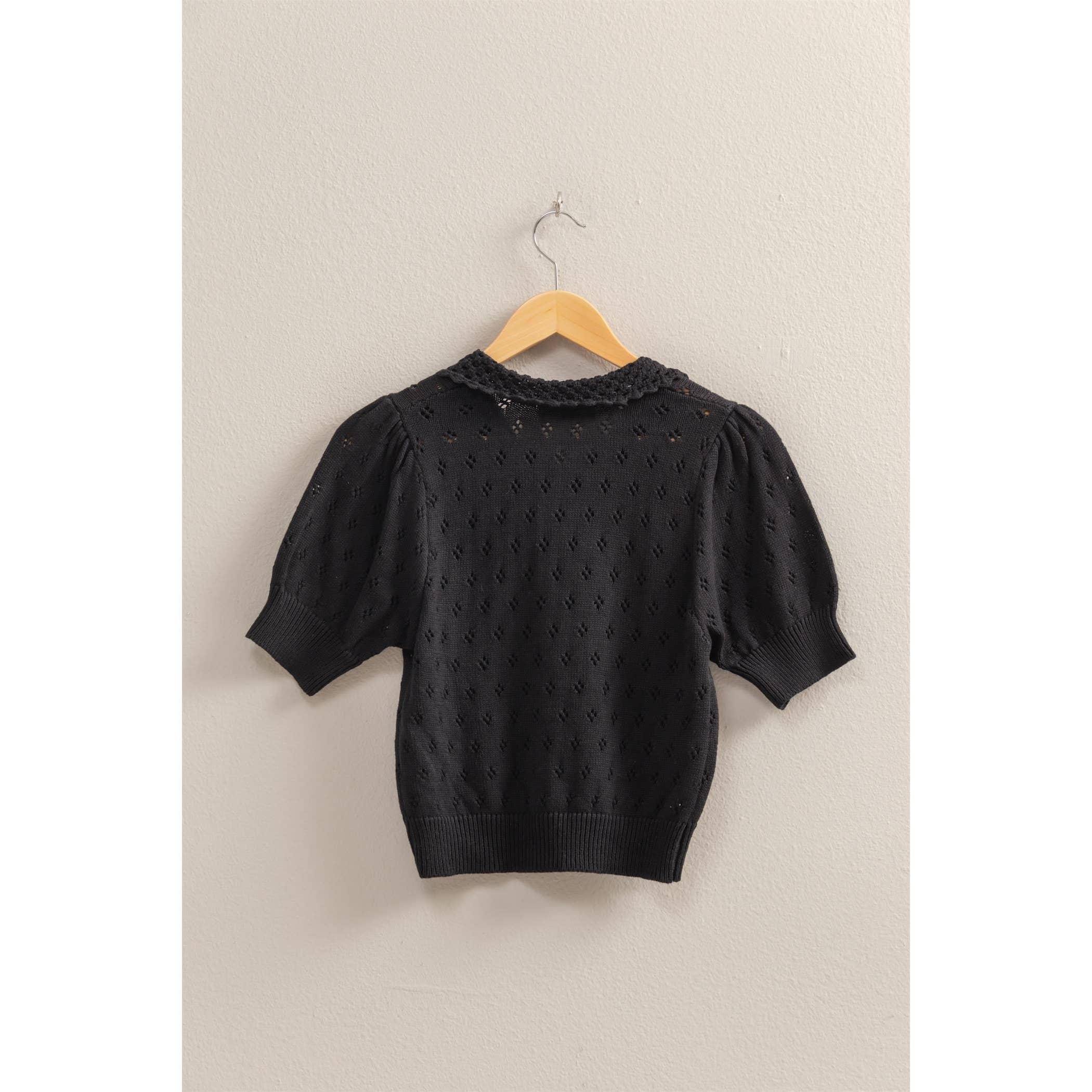 Amanda Pointelle Open Knit Puff Sleeve Top