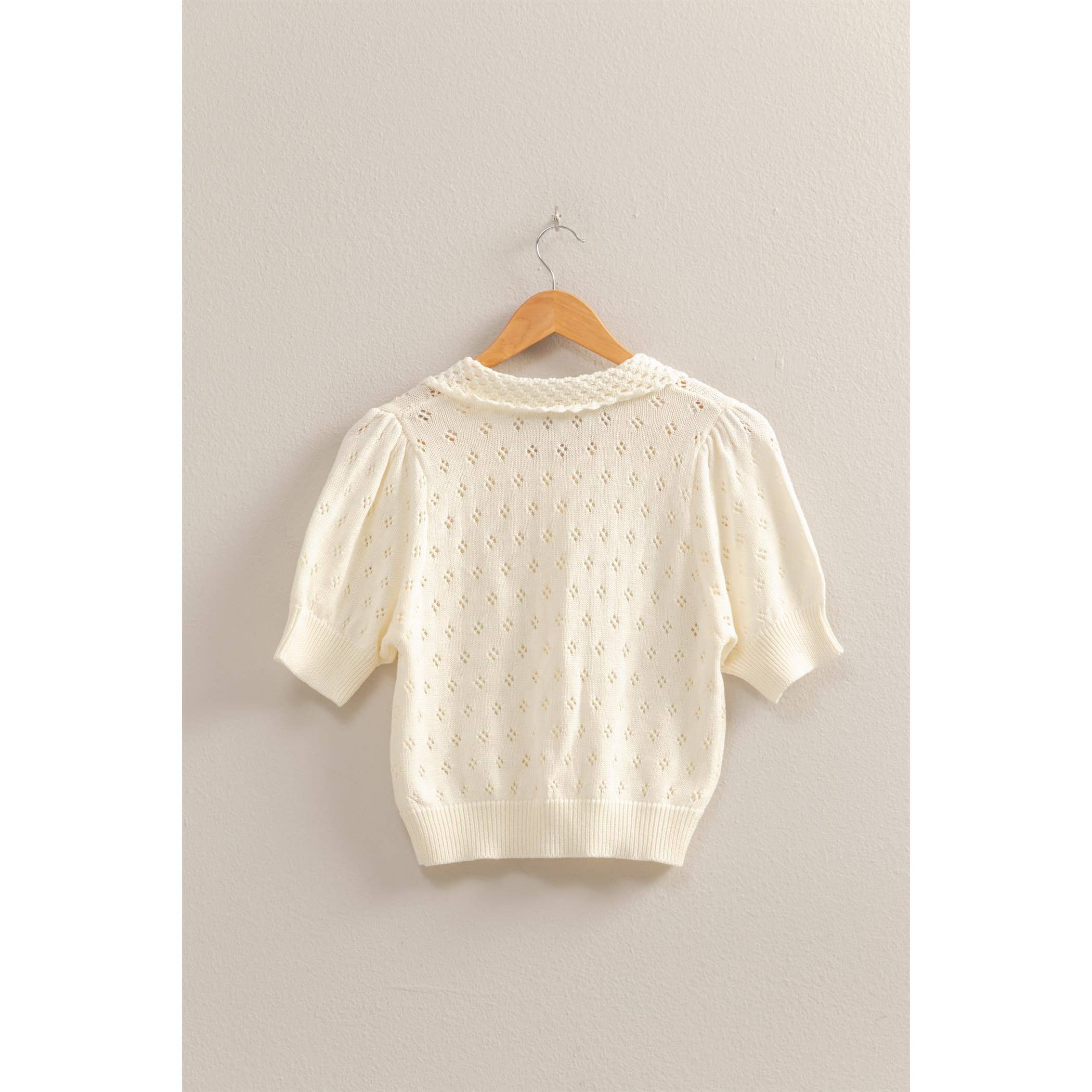 Amanda Pointelle Open Knit Puff Sleeve Top