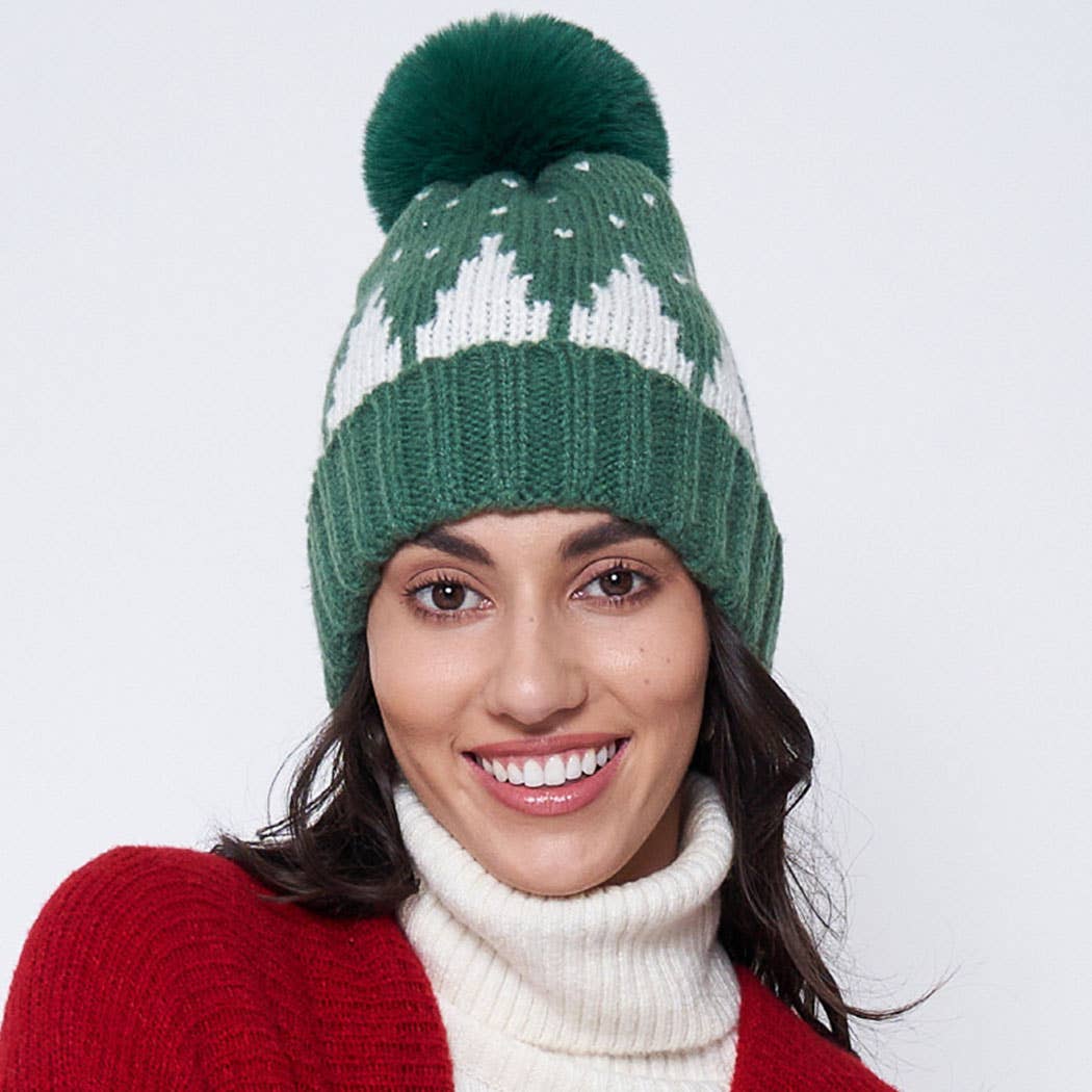 Two-Tone Holiday Cuff Beanie with Pom