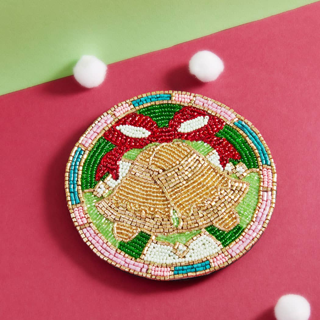 Seed-Beaded Christmas Golden Bell Home Coaster